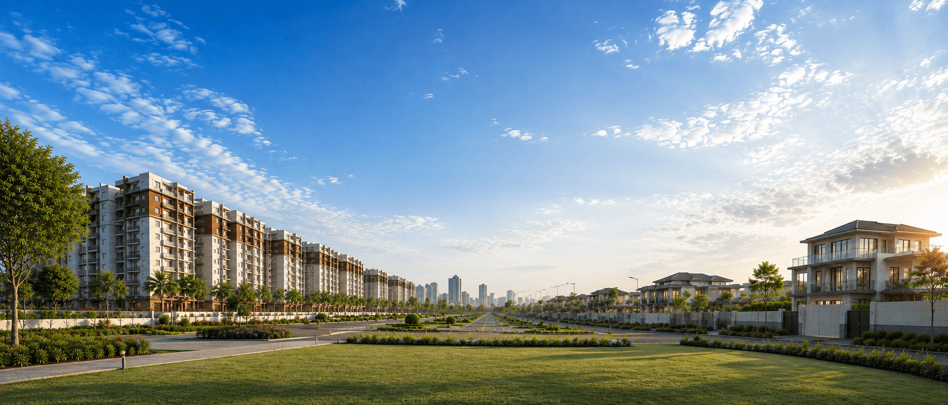 Premium residential boulevard with contemporary apartments, villas, and landscaped open space